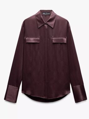 NWT ZARA Satin Effect Pocket Shirt ZW Collection Burgundy